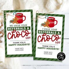 two christmas gift tags with the words referrals a choo tot, thank you and happy holidays