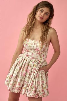 Silken Blossoms Floral Satin Bubble Mini Dress - ShopPromesa Bubble Skirt, Trendy Boutique, Straight Neckline, Satin Mini Dress, Gathered Skirt, Romantic Style, Cream Dress, Fitted Bodice, Floral Print Dress