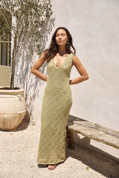 Escape to tropical paradise in our Exotic Escape Knit Maxi Dress in Green. a luxurious blend of comfort and style. Whether you're wandering through the vibrant markets of Marrakech or lounging in a hammock on the shores of Phuket. let this dress be your chic companion for all your exotic adventures. Maxi dress. true to size V neckline Exposed back with tie Knit overlay Lined 75% Polyester 25% Acrylic Slight stretch Please refer to the care label on garment for specific instructions on how to care for it Model wears XS Length from shoulder to hem: 137cm on an S Chest 41cm. Waist 36cm. size S Green V-neck Crochet Dress For Summer, Knit Summer Vacation Dresses, Beach Vacation Knit Dress, Summer Knit Maxi Dress For Vacation, Green V-neck Crochet Dress For Vacation, Summer Knit Maxi Dress, Knit Maxi Dress For Summer Vacation, Knit Maxi Dress For Vacation, Knit Maxi Length Dress For Vacation