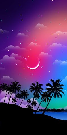 a colorful sunset with palm trees and the moon in the sky above it is an illustration