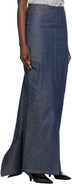 Non-stretch denim skirt. · Belt loops · Five-pocket styling · Zip-fly · Vent at front hem · Logo patch at back pocket · Ruching at back · Contrast stitching in orange Supplier color: Dark blue Long Denim Skirt With Pockets For Work, Denim Blue Skirt With Side Pockets, Denim Jeans Skirt With Pockets, Denim Long Skirt With Pockets, Denim Skirt With Pockets For Work, Dark Wash Long Denim Skirt With Pockets, Straight Leg Denim Skirt With Pockets For Work, Relaxed Fit Denim Blue Denim Skirt With Pockets, Relaxed Denim Blue Skirt With Pockets