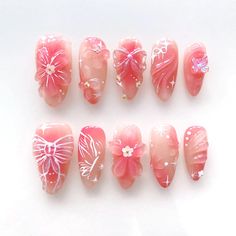 kawaii nails,gyaru nails,Cute Press on nails,custom nails,long nails ,short nail,Elegant nails,Trendy nails 🌸About the product  1.Each set include 10 nails of 100% handmade  2. Cuticle stick 3. Nail file 4. Jelly glue set 5. Packaging storage box 🌸Material: Acrylic 🌸How to measure the size？ 1. Measure the bare nails without nail polish 2. Use a tape measure to measure the widest part of the nail 3. Align the scale to the left edge of the nail, close to the curvature of the nail arc 4. Align the scale to the right edge of the nail, close to the curvature of the nail arc, and you can get the size 🌸About use 1. The glue can last for 1-2 weeks and cannot be reused 2. The jelly glue can last for 2-3 days and can be reused 🌸About customization: This product is 100% handmade, the pattern and 3d Floral Nails, Nails Gyaru, Nail Elegant, Nails Bow, Gyaru Nails, Nails Short Almond, Almond Nails Pink, Nails Butterfly, Bare Nails