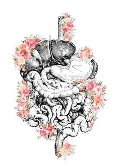 a drawing of the human body with flowers on it's head and brain in the center