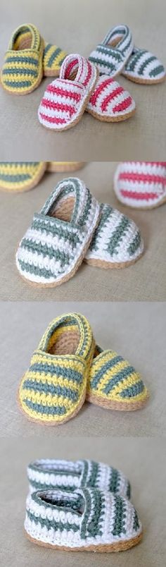 crocheted slippers and shoes are shown on the floor