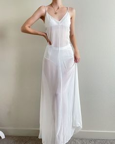 Vintage rare 1993 runway Dolce Gabbana sheer white maxi dress, size Small by AlizeeGarments on Etsy Sheer Sundress Summer, White Maxi Slip Dress, Sheer White Dress Aesthetic, Sheer White Outfit, Sheer Flowy Dress, Mesh White Dress, White See Thru Dress, Vintage Sheer Dress, Sheer V-neck Maxi Dress For Daywear