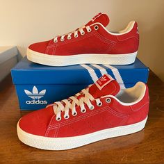 The Timeless Adidas Stan Smith With Better Scarlet Suede Upper, Oversized Core White Foxing, And A Gum Outsole. Regular Fit, Lace Closure, Comes With An Extra Set Of White Laces Too! Cute Shoe, Nice For Summer. Nwt Comes In Original Adidas Box (Did I Mention The White Laces?) Women’s Sizes 8, 8.5, And 9. Men’s Sizes 7, 7.5, And 8. Ol5a3x2ts4a Adidas Fashion, Red Adidas, Lace Closure, Adidas Women, Womens Shoes Sneakers, White Lace, Cute Shoes, Adidas Originals, Shoes Sneakers