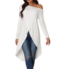 Introducing the perfect addition to your wardrobe - the long-sleeved asymmetrical irregular hem top for spring and fall. This versatile top matches perfectly with any pants, high-waist jeans, leggings, and shoes like sandals or heels. It's the ideal choice for both day and evening occasions, adding a touch of elegance and style to any outfit. The off-shoulder and asymmetrical hem details add a bit of charm, making it a must-have for any fashion-forward individual. Don't miss out on this fashion Casual Asymmetrical Top For Fall, Versatile Long Sleeve Top For Spring, Chic Summer Tops With Curved Hem, Chic Curved Hem Summer Tops, Fitted High-low Hem Tops For Fall, Casual High-low Hem Blouse For Spring, Casual High-low Hem Blouse For Fall, Spring Stretch Blouse With Asymmetrical Hem, Spring Casual High-low Hem Tops