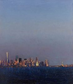 an oil painting of a cityscape in the distance with blue sky and water