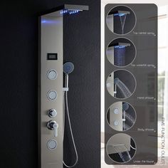 an image of a shower head with three different functions to control the water in it