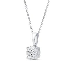 Complete any look in sparkling style with this effortless diamond pendant. Crafted in 14K white gold, this lab grown stud earrings showcases a scintillating 1ct  diamond solitaire. Polished to a bright shine, this pendant suspends along an extender cable chain that secures with a lobster clasp. Dazzling White Gold Solitaire Necklace With Round Pendant, Dazzling White Gold Solitaire Pendant Necklace, Luxury Solitaire Necklace With Round Lab-grown Diamond Pendant, Silver Solitaire Necklace With Diamond-cut Round Pendant, White Gold Solitaire Pendant Necklace, Brilliant Cut, Diamond Solitaire Pendant, Solitaire Pendant Necklace, Solitaire Pendant, 1 Carat