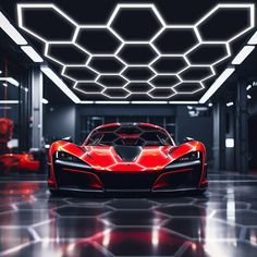 a red sports car is parked in a dark room with hexagonal lights on the ceiling