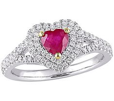 Get that special-occasion Valentine vibe all year round when you sport this irresistibly sparkling ruby and diamond ring. From Bellini. Heart Halo Ring, Double Halo Ring, Ruby Diamond Rings, Double Halo, Gem Ring, Red Gemstones, Split Shank, Halo Diamond Ring, Elegant Ring