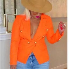 Orange Blazer Chic Orange Blazer For Spring, Chic Orange Fitted Blazer, Chic Fitted Orange Blazer, Fitted Orange Blazer For Office, Chic Orange Fall Blazer, Chic Orange Blazer For Fall, Elegant Orange Fall Blazer, Elegant Fall Orange Blazer, Orange Blazer Outfits For Women