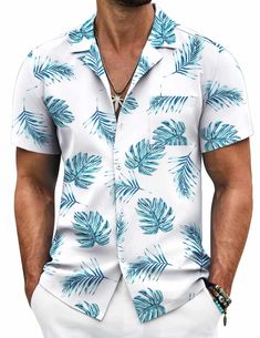 PRICES MAY VARY. LIGHTWEIGHT & COMFORTABLE FABRIC--- This hawaiian shirt for men is made of high quality soft & lightweight polyester fabric.Keeps you cool during hot summer days and gives you comfortable and nature skin feel. And the fabric is wrinkle free and will not need ironing so this is great to pack for your vacation. HAWAIIAN PRINTED STYLE---The button dwon shirt men features with a tropical floral printed design, short sleeve, button down closure, regualar fit, camp collar, patch pocke White Hawaiian Shirt With Camp Collar For Vacation, White Collared Hawaiian Shirt For Vacation, Beach Short Sleeve Tropical Print Collared Shirt, Beach Short Sleeve Collared Shirt With Tropical Print, White Short Sleeve Shirt For Beach Season, Summer Beach Short Sleeve Shirt With Palm Tree Print, Beach-ready Collared Short Sleeve Shirt With Tropical Print, White Hawaiian Shirt With Palm Tree Print For Vacation, Palm Tree Print Button-up Hawaiian Shirt For Beach