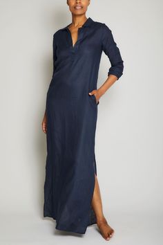 Pour Les Femmes Long Linen Shirt Dress in Navy Our versatile linen brings comfort and breathability with... Long Linen Dresses, Long Linen Shirt, Dress Like A Parisian, Blue Linen Shirt, Long Tunic Dress, Indigo Linen, Shirt Dress Outfit, Robin Wright, Long Linen Dress