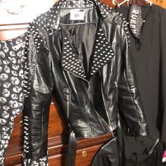 Goth Black Moho Motorcycle Jacket. Size 5x. Great Fir All Occasions Including Halloween! Paired With A Betsy Johnson Skulls Purse And And/ Or With A Pair Of Skulls Leggings! Sold Separately! Edgy Studded Outerwear, Fitted Biker Jacket With Rivets For Party, Gothic Biker Jacket With Rivets For Party, Gothic Party Biker Jacket With Rivets, Gothic Party Outerwear With Rivets, Edgy Rivet-embellished Outerwear For Parties, Edgy Riveted Outerwear For Parties, Edgy Party Outerwear With Rivets, Rocker Biker Jacket With Rivets For Party