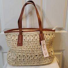 Anna & Elle Straw Handbag Tote/ Beach Bag. Nwt 15" W 11 1/2" H 5," D 9 1/2" Strap Drop Summer White Crochet Bag With Top Carry Handle, Beach Season Satchel With Braided Handles, White Satchel With Top Carry Handle For Beach, White Crochet Bag With Top Carry Handle For Summer, Beige Satchel For Everyday Beach Use, Vacation Beige Satchel Tote, Summer Beach Satchel With Double Handle, White Beach Bag With Top Carry Handle, White Straw Bag With Top Carry Handle For Vacation