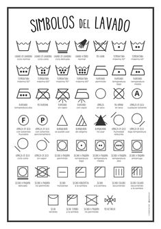 spanish laundry symbols are shown in this black and white poster, with the words's abbreviations