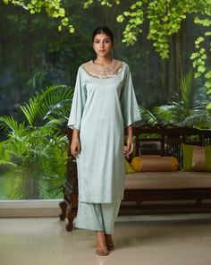 Green Satin Silk Kurta Pant Set at Kamakhyaa by Mayura Kumar. This item is Green, Kurta Pant Sets, Mayura Kumar, Regular Fit, Satin, Silk, Solids, Timeless Elegance, Womenswear Earthy Chic, Crop Top Lehenga, Organza Lehenga, Wrap Top Blouse, Kurta Pant Set, Womens Wrap Dress, Men's Ethnic Wear, Sustainable Clothing Brands, Silk Kurta