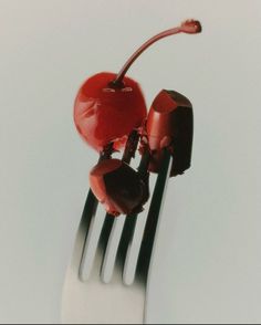 two cherries sitting on top of a fork that has been eaten by someone else