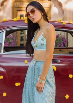 Bralette - handwoven silk, embroidered with little sparkly palm tree motifs. Pants - vintage pleated, high - waisted handwoven, hand - dyed silk bandhini trousers. Silk Bralette, Crazy Outfits, Pants Vintage, Dyed Silk, Silk Trousers, Hand Dyed Silk, Silk Pants, Silk Dyeing, Garment Bags