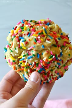 a hand holding a cookie with sprinkles on it