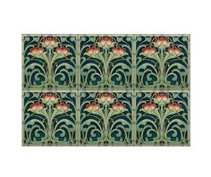 four tiles with flowers on them in green and red colors, each featuring an ornate design