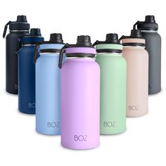 the boz water bottle is shown in different colors