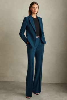 Find REISS Jade Petite Tailored Single Breasted Suit Blazer on Editorialist. Crafted from a luxe wool blend in a teal hue, the Jade blazer is a professional option that'll stay relevant for seasons to come. It's tailored into a single-breasted silhouette that fits pronounced through the waist. Matching trousers. Wool blend. Single breasted. Vent to reverse. Tailored fit. Lined Teal Suit For Women, Women Two Piece Suit, Unique Womens Suits, Monochromatic Suits Women, Womens Work Suits, C Suite Style Women, Tailored Womens Suits, Womens Three Piece Suit, Women’s Pant Suit Outfit Formal