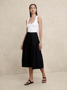 Poplin Pleated Midi Skirt | Banana Republic Factory Versatile Lined Skirt For Summer, Flattering Spring Midi Skirt, Versatile Fitted Asymmetrical Skirt, High Waist Gathered Skirt For Daywear, High Waisted Lined Skirt For Daywear, Chic Gathered Skirt For Daywear, Flattering Midi Skirt For Summer, Versatile Gathered Skirt Bottoms For Spring, Relaxed Pleated Waist Skirt For Daywear