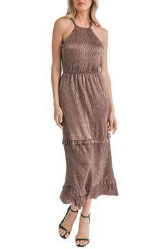 Mila Mae Metallic Sleeveless Tiered Dress | Nordstromrack Holiday Midi Dress With Ruffles, Glamorous Sleeveless Ruffled Midi Dress, Glamorous Tiered Skirt Summer Dress, Glamorous Sleeveless Ruffle Dress, Glamorous Sleeveless Ruffle Dress For Date Night, Sleeveless Ruffled Midi Dress For Party Season, Sleeveless Midi Dress With Ruffles For Party Season, Holiday Sleeveless Dress With Ruffles, Metallic Summer Dress With Spaghetti Straps