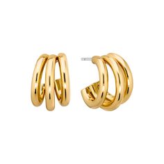 Handcrafted with gold, these triple hoops are the perfect everyday accessory. With a timeless design, they can elevate any outfit while adding a touch of elegance. Expertly crafted and durable, these earrings offer both style and quality. Add them to your collection for a classic yet versatile piece. 1.2” Lead and Nickel free. Triple Gold Hoop Earrings, Gold Jewelry Png, Shuffle Outfit, Pretty Stacks, Accessories Png, Triple Hoop Earrings, Etsy Promotion, Pinterest Ideas, Christmas Inspo