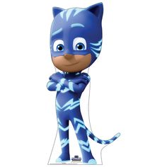 a cartoon cat with blue and white stripes on it's face, standing in front of a white background