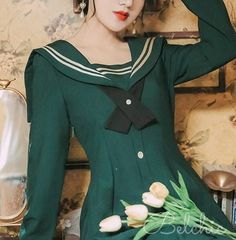 ❤Cross Ribbon Tucked Sailor Dress❤ Dark Green Fitted Casual Dress, Fitted Dark Green Casual Dress, Casual Fitted Dark Green Dress, Dark Green Fitted Long Sleeve Dress, Preppy Fitted Knee-length Dresses, Green Vintage Winter Dress, Vintage Green Winter Dresses, Green Pleated Mini Dress For Fall, Fitted Preppy Mini Dress For Spring