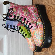 Tried Only Once Never Worn Outside In Perfect Shape Size 6 Women Funky Doc Martens, Multicolor Leather Boots For Spring, Multicolor Floral Print Boots With Round Toe, Spring Multicolor Leather Boots, Whimsical Shoes, Artsy Clothing, Dr Martens Jadon, Floral Boots, Artsy Outfit