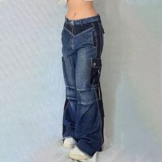 Y2k Wide Leg Pants With Side Pockets, Y2k Full Length Pants With Pockets, Y2k Style Full-length Pants With Pockets, High Waist Dark Wash Pants For Streetwear, Y2k Style Baggy Pants With Side Pockets, Denim Cargo Jeans With Side Pockets, Y2k Full-length Denim Cargo Pants, Y2k Style Baggy Cargo Pants, Y2k Style Full-length Denim Cargo Pants