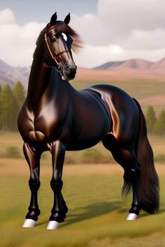 a black horse standing on top of a lush green field with mountains in the background