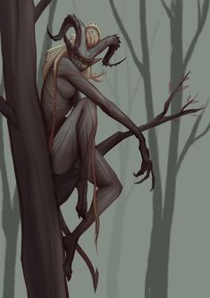 a creepy looking creature sitting on top of a tree