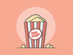 a popcorn bucket filled with popcorn on top of a pink background and the words pop corn written in red