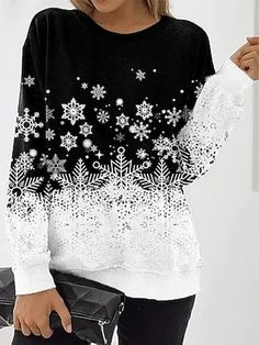 Black-white Casual Graphic Tops Round Neck Long Sleeve Snowflake Printed Xmas Sweatshirts White Long Sleeve Sweatshirt For Winter, Black Long Sleeve Christmas Sweatshirt, White Crew Neck Top For Winter, Black Tops For Winter Holiday, Black Tops For Holiday In Winter, White Long Sleeve Holiday Sweatshirt, White Holiday Crew Neck Sweatshirt, Holiday White Crew Neck Sweatshirt, White Sweatshirt For Fall Holiday