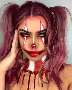 Scary Women Clown Makeup, Scary Clown Make Up Women, Face Makeup For Halloween For Women, Crazy Clown Costume Women, Scary Clown Halloween Costumes For Women, Crazy Clown Makeup Halloween, Red Clown Makeup Halloween, Red Black Clown Makeup, Red And White Clown Makeup