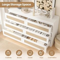 the large storage space is white and has drawers for books, magazines or other items