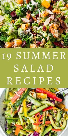 salad with broccoli, carrots and other vegetables in it is featured on the cover of this summer salad recipe