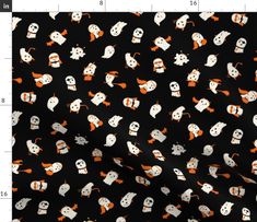 a black background with orange and white halloween ghost faces on it, as well as the numbers