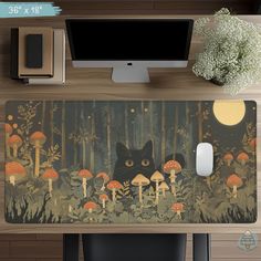 a computer mouse pad with a cat in the forest surrounded by mushrooms and mushrooms on it