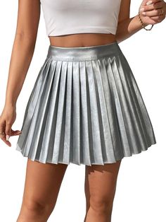 This High Waist Faux Leather Pleated Mini Skirt is expertly crafted using high-quality faux leather, ensuring durability and longevity. The high waist design provides a flattering fit, while the pleated detail adds a touch of elegance. Perfect for making a statement in any outfit. 100% Polyester Machine Wash Fabric has some stretch Feature: PU leather, high waist, pleated hem, skater mini skirt Brand Size Dress Bust Waist Hip XS 0-2 31-32.5'' 23-24'' 31-34" S 4--6 33-35'' 25-26'' 35-37" M 8--10 Fitted Leather Pleated Skirt, Fitted Pleated Waist Skirt For Night Out, Fitted Pleated Faux Leather Bottoms, Fitted Faux Leather Pleated Bottoms, Fitted Skirt With Accordion Pleats For Night Out, Chic Leather Pleated Skirt For Fall, Fitted Faux Leather Skort For Fall, Fitted Accordion Pleat Skirt For Night Out, Chic Pleated Tennis Skirt For Party