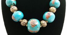 Handmade Turquoise Stone Beads w/ Coral & Lapis Inlay and Nepalese Brass Repousse Bead Necklace Marni Jewelry, Chunky Stone Necklace, Tibetan Jewelry, Tibetan Turquoise, Luxe Jewelry, Blue Stones, Jewelry Stone, Funky Jewelry, Good Fortune