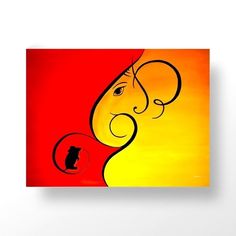 an abstract painting of a woman's face on a red and yellow background