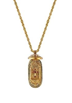 A stunning 14K gold-dipped pendant necklace featuring a detailed design embellished with rich red enamel and crystal accents. The pendant opens to reveal an image of a cross adorned with crystal accents. | Symbols of Faith 14K Gold-Dipped Red Enamel Swing Open Pendant Enclosed Crucifix Necklace - 30", 30 in Gold Rectangular Pendant Necklace Collectible, Gold Rectangular Pendant Necklace For Collectors, Formal Red Medallion-shaped Jewelry, Collectible Gold Jewelry With Detachable Pendant, Red Locket Necklace For Formal Occasions, Gold-tone Jewelry With Large Pendant For Formal Occasions, Gold Locket Necklace With Detachable Pendant For Formal Events, Gold Locket Necklace With Detachable Pendant For Formal Occasions, Gold Necklaces With Detachable Pendant For Collectors