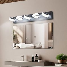 a bathroom vanity with three lights and a mirror on the wall above it, along with a potted plant